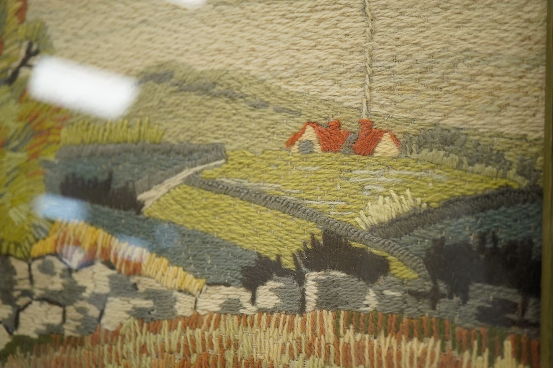 A framed 1930's woolwork landscape framed picture, 29cm x 23cm